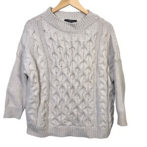 Max Mara Weekend Women Cable Knit Sweater Small Chunky Mock Neck Beige 100% Wool